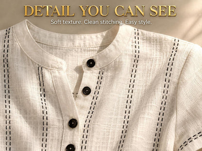 Cream White Short Sleeve Blouse | Contrast Stitch Button Neck Top