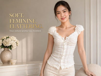 Milkmaid Eyelet Lace Blouse, Fitted Button Front Puff Sleeve Top