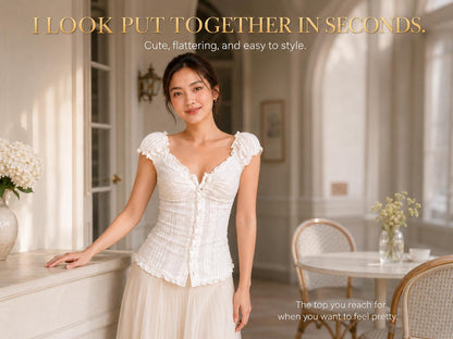 Milkmaid Eyelet Lace Blouse, Fitted Button Front Puff Sleeve Top