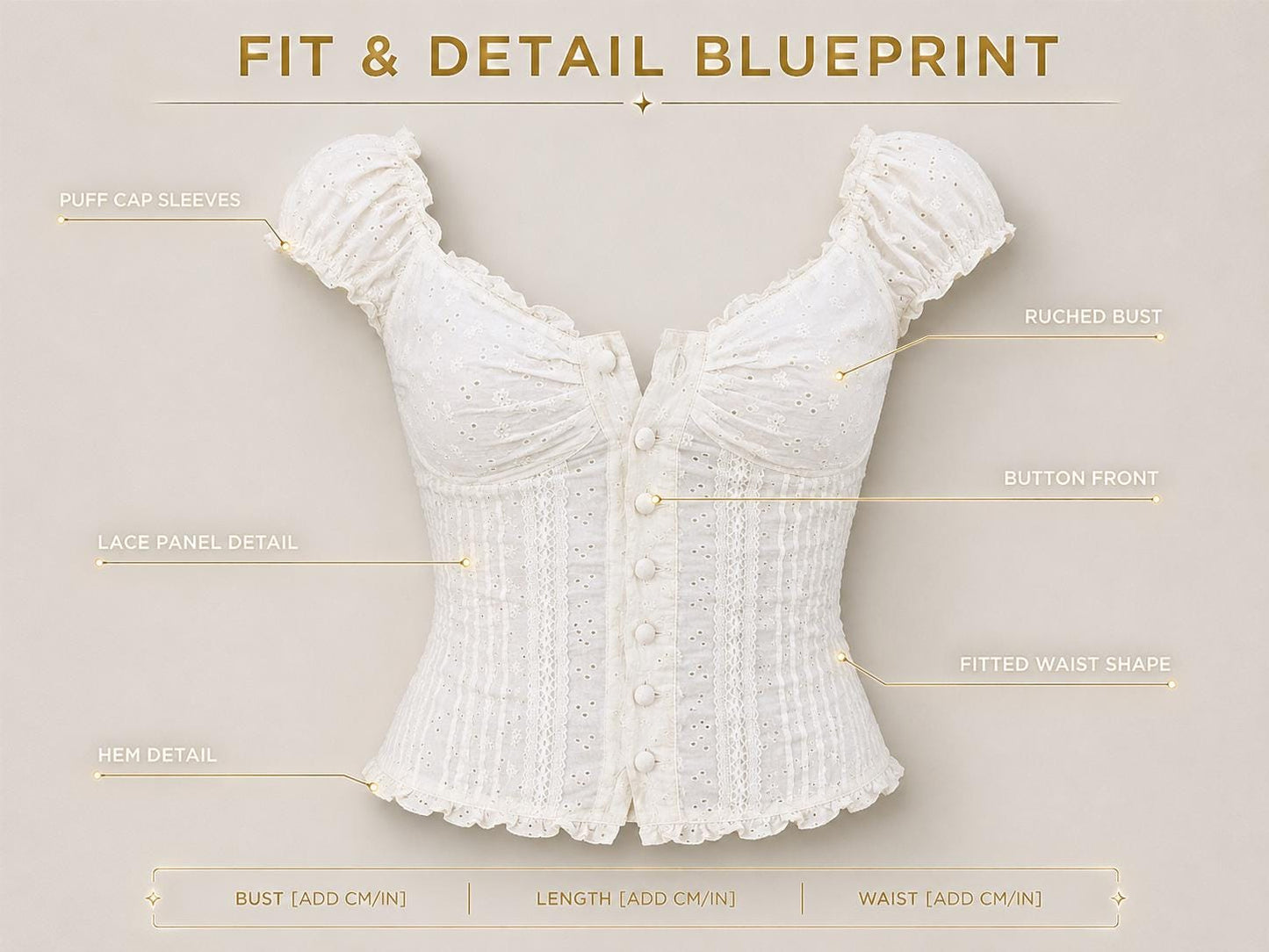 Milkmaid Eyelet Lace Blouse, Fitted Button Front Puff Sleeve Top