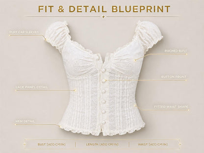 Milkmaid Eyelet Lace Blouse, Fitted Button Front Puff Sleeve Top