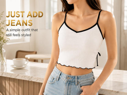 White Ribbed Cami Top | Strappy Tie-Back Crop Tank | Lettuce Hem Summer Blouse