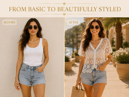 Sheer Crochet Button Front Top | Women's Open Knit Lace Blouse | Boho Summer Vacation Shirt