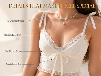 Women's Lace Trim Ribbed Cami Crop Top Bow Front Sleeveless Tank Tops