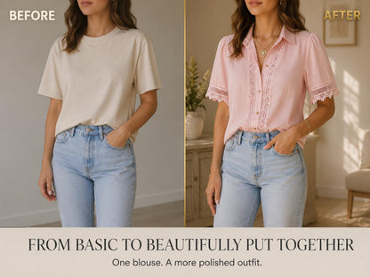 Lace Button Blouse | Short Sleeve Collared Shirt | Feminine Work Top | Elegant Casual Office Blouse