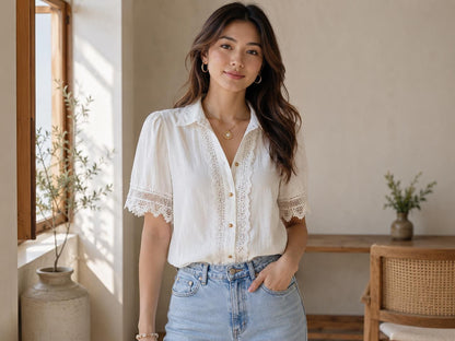 Lace Button Blouse | Short Sleeve Collared Shirt | Feminine Work Top | Elegant Casual Office Blouse