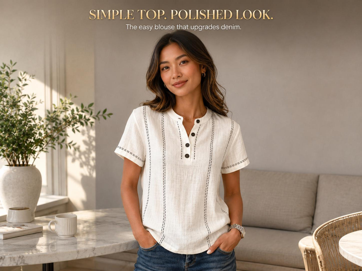 Cream White Short Sleeve Blouse | Contrast Stitch Button Neck Top