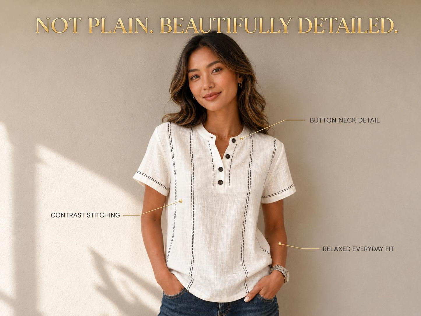 Cream White Short Sleeve Blouse | Contrast Stitch Button Neck Top