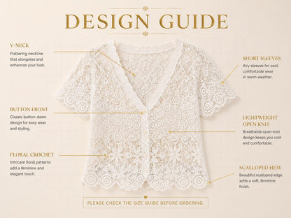 Sheer Crochet Button Front Top | Women's Open Knit Lace Blouse | Boho Summer Vacation Shirt