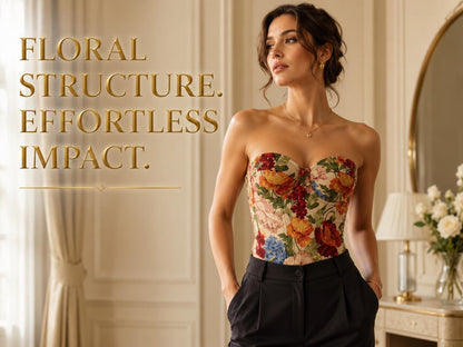 Floral Jacquard Bustier Top | Structured Sweetheart Corset Blouse