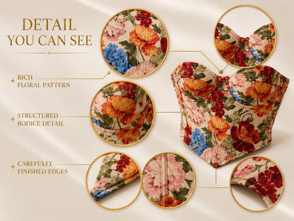 Floral Jacquard Bustier Top | Structured Sweetheart Corset Blouse