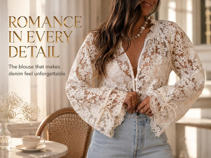 Floral Lace Blouse | V Neck Button Front, Flare Sleeve Shirt