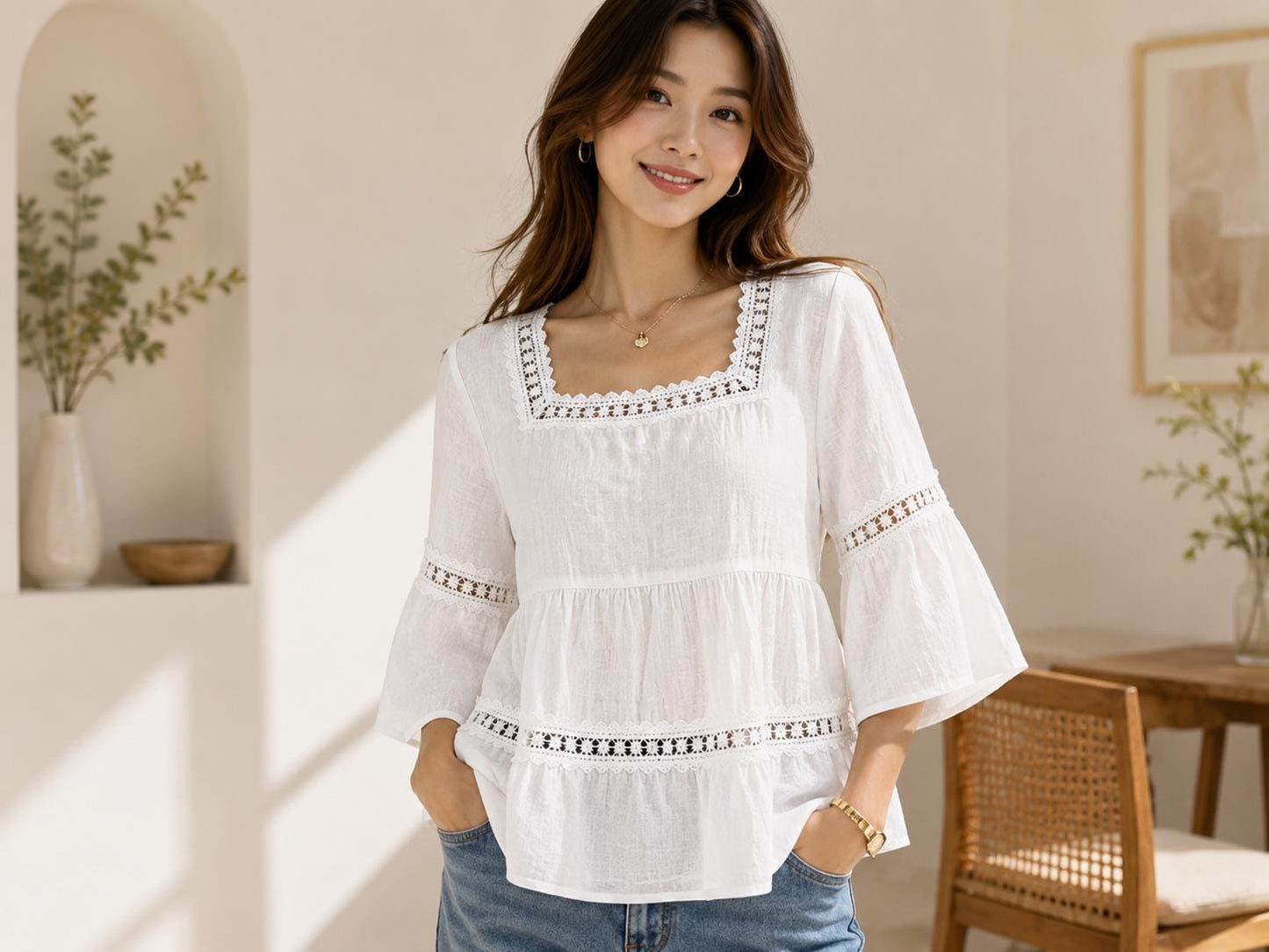 Women's Embroidered Lace Blouse | V-Neck Flare Sleeve Top