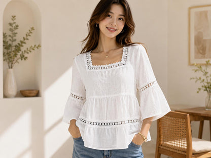Women's Embroidered Lace Blouse | V-Neck Flare Sleeve Top