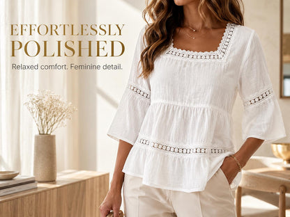 Women's Embroidered Lace Blouse | V-Neck Flare Sleeve Top