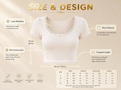 Vintage Lace Trim Baby Tee | Knitted Crop Top, Y2K Summer Shirt