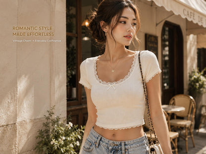 Vintage Lace Trim Baby Tee | Knitted Crop Top, Y2K Summer Shirt