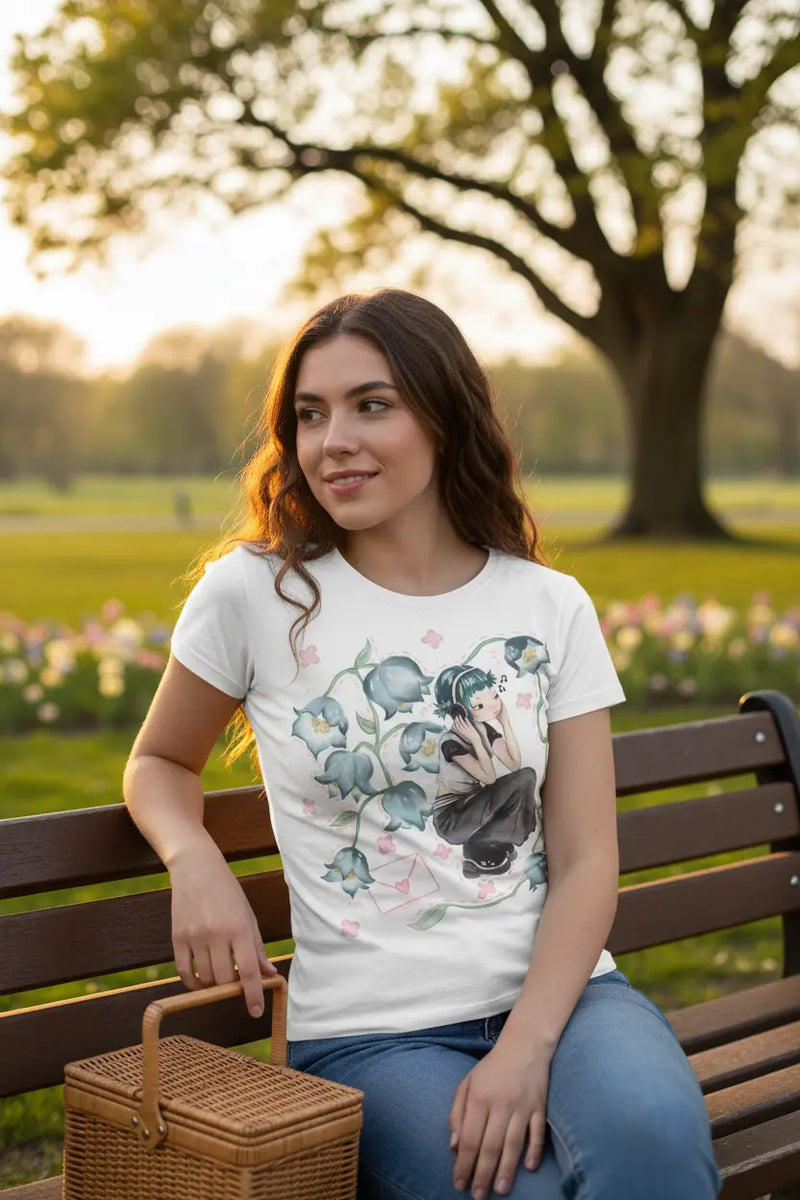 Modelo feminina com camiseta branca anime menina flores azuis variação