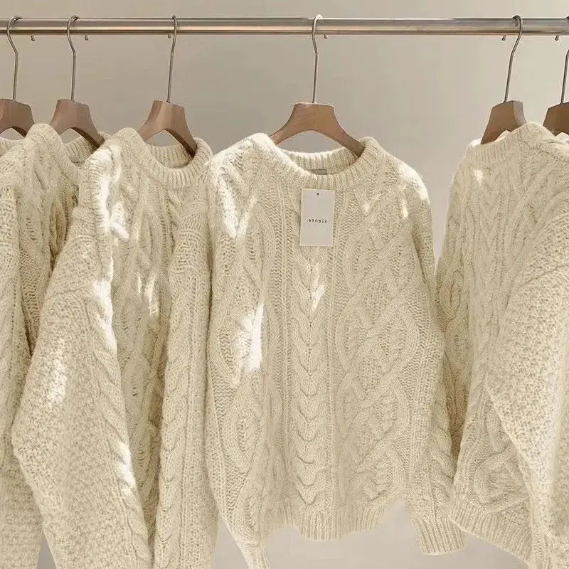 Thick Knit Sweater – Women's Casual O-Neck Long Sleeve Pullover JuChachaShop