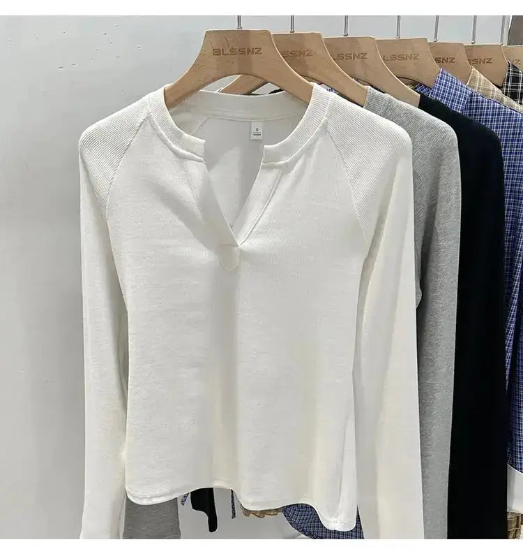 Korean Basic Slim V-Neck Long Sleeve T-Shirt for Women JuChachaShop