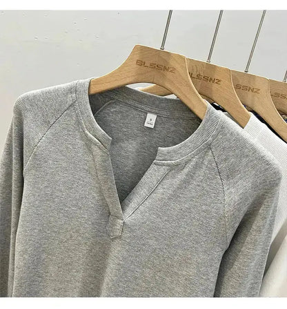 Korean Basic Slim V-Neck Long Sleeve T-Shirt for Women JuChachaShop
