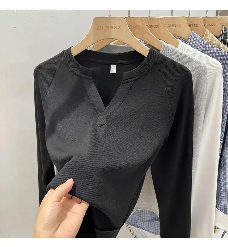 Korean Basic Slim V-Neck Long Sleeve T-Shirt for Women JuChachaShop