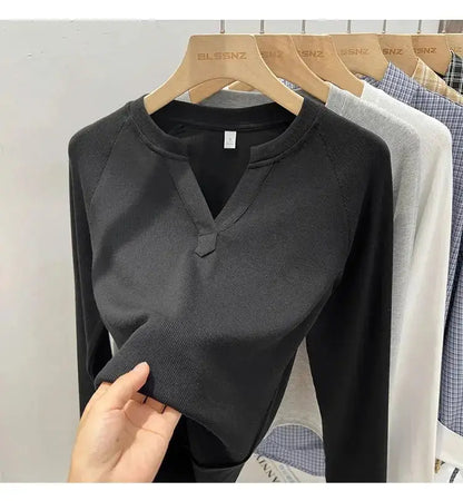 Korean Basic Slim V-Neck Long Sleeve T-Shirt for Women JuChachaShop