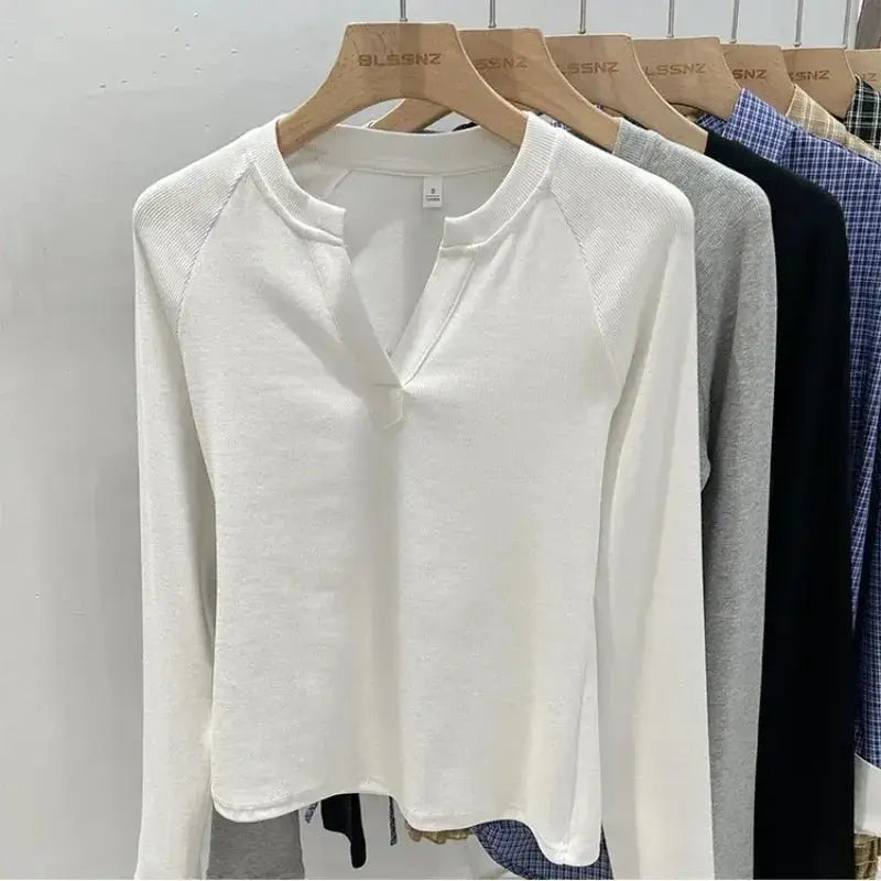 Korean Basic Slim V-Neck Long Sleeve T-Shirt for Women JuChachaShop