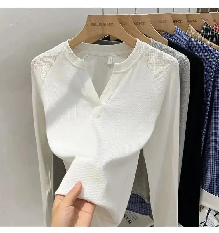 Korean Basic Slim V-Neck Long Sleeve T-Shirt for Women JuChachaShop