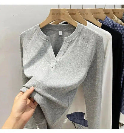 Korean Basic Slim V-Neck Long Sleeve T-Shirt for Women JuChachaShop