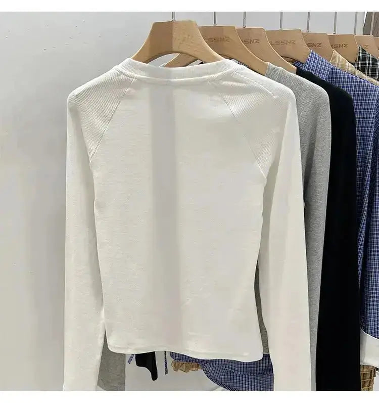 Korean Basic Slim V-Neck Long Sleeve T-Shirt for Women JuChachaShop