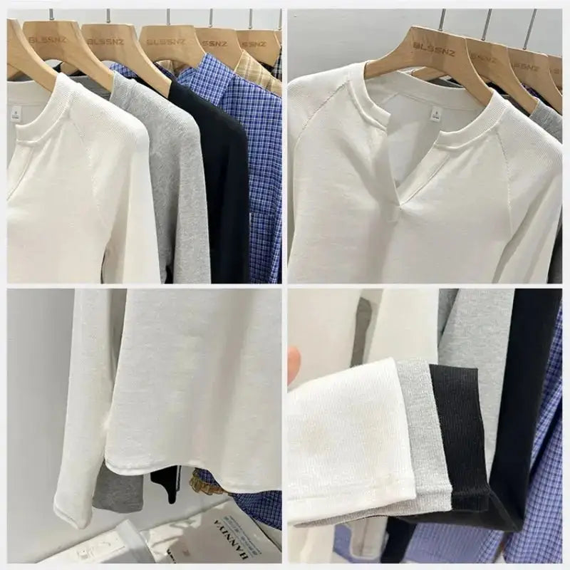 Korean Basic Slim V-Neck Long Sleeve T-Shirt for Women JuChachaShop