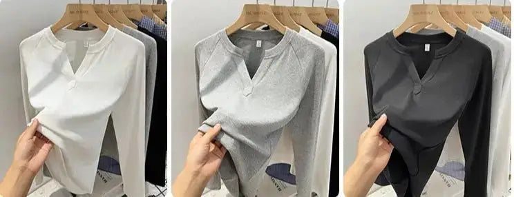 Korean Basic Slim V-Neck Long Sleeve T-Shirt for Women JuChachaShop