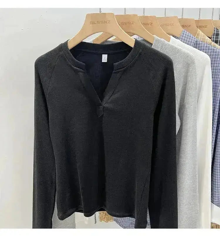 Korean Basic Slim V-Neck Long Sleeve T-Shirt for Women JuChachaShop