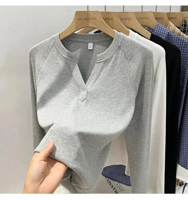 Korean Basic Slim V-Neck Long Sleeve T-Shirt for Women JuChachaShop
