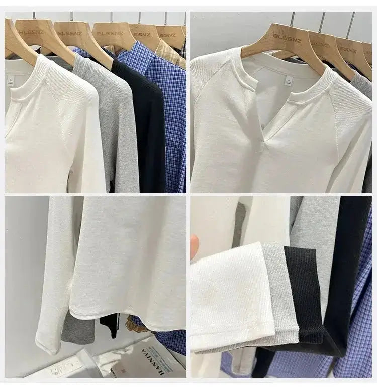 Korean Basic Slim V-Neck Long Sleeve T-Shirt for Women JuChachaShop
