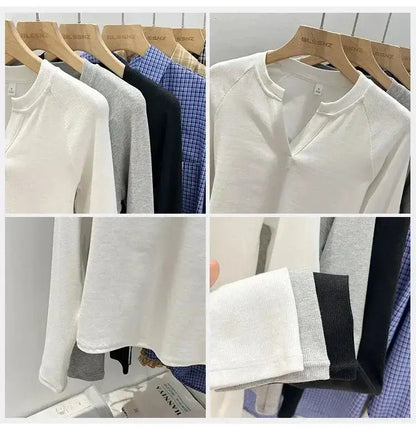 Korean Basic Slim V-Neck Long Sleeve T-Shirt for Women JuChachaShop