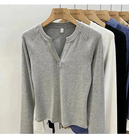 Korean Basic Slim V-Neck Long Sleeve T-Shirt for Women JuChachaShop