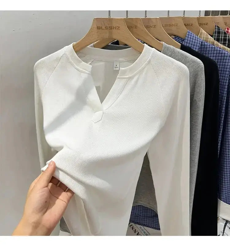 Korean Basic Slim V-Neck Long Sleeve T-Shirt for Women JuChachaShop