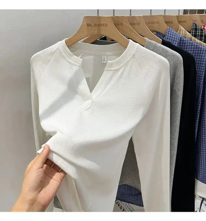 Korean Basic Slim V-Neck Long Sleeve T-Shirt for Women JuChachaShop
