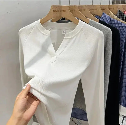 Korean Basic Slim V-Neck Long Sleeve T-Shirt for Women JuChachaShop