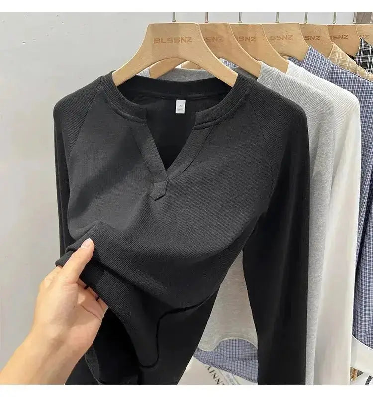 Korean Basic Slim V-Neck Long Sleeve T-Shirt for Women JuChachaShop