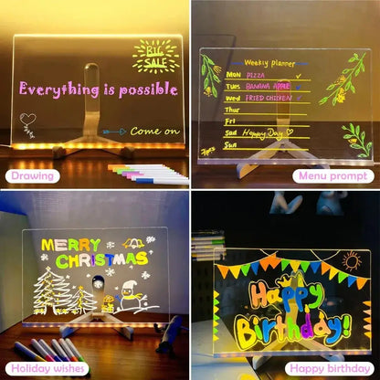LED Message Board for Kids – Reusable Acrylic Drawing Board with LED Light & 7 Color Pens Potaha
