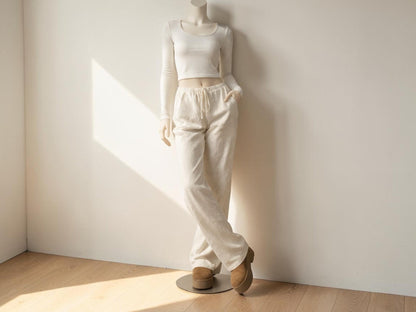 Linen Wide Leg Pants | Elastic Drawstring Waist, Loose Fit Trousers