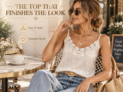 Luxury Lace Trim Cami Top – Silk-Touch V-Neck Summer Tank