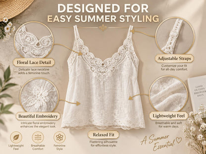Luxury Lace Trim Cami Top – Silk-Touch V-Neck Summer Tank