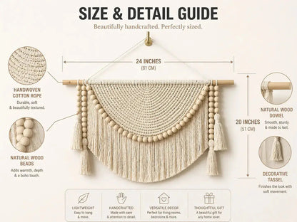 Macrame Wall Hanging Decor | Woven Wall Tapestry With Wood Beads | Boho Bedroom Living Room Office Accent Jumartins
