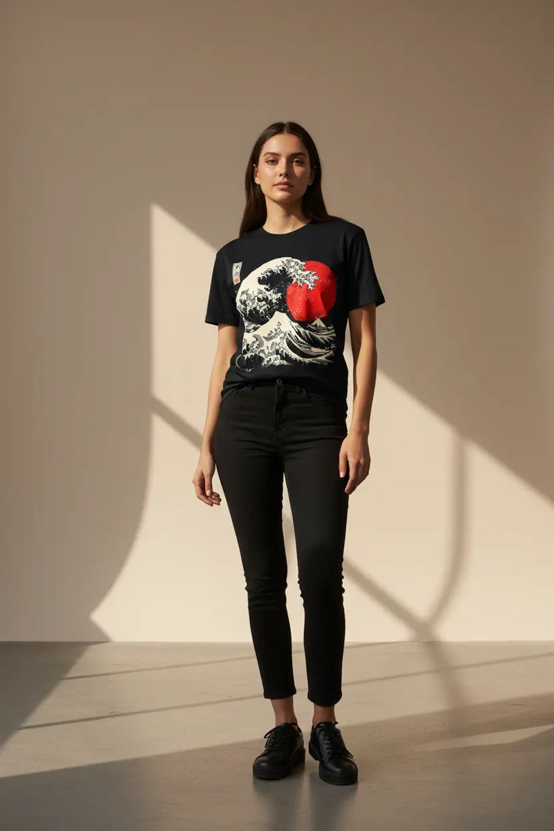 Modelo com camiseta japonesa