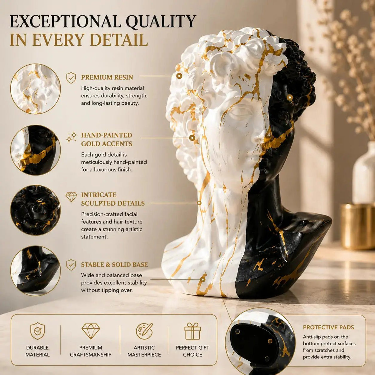 Modern David Bust Sculpture Luxury Resin Statue European Art Decor Home Office Shelf Accent Jumartins