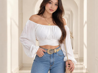 Off Shoulder Puff Sleeve Crop Top | Romantic Lace-Up Bow Blouse